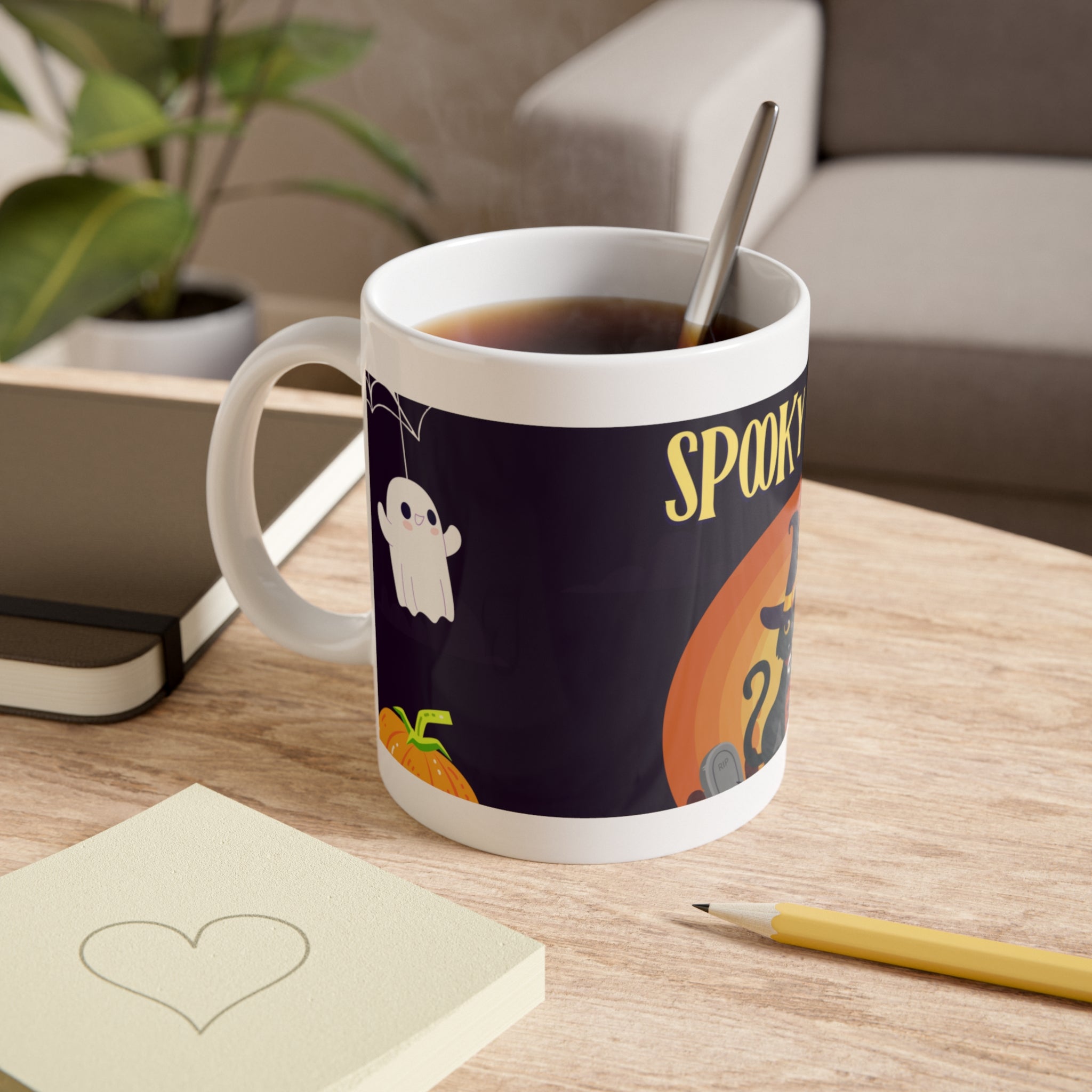 Spooky Night in a Creepy Graveyard | Halloween Black Cat, Ghosts, and Pumpkins | White Ceramic Mug